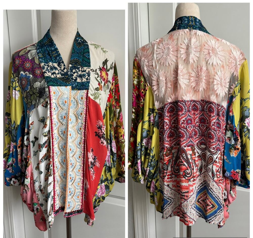 Multicolor Patchwork Floral Kimono Jacket - Lightweight Boho Wrap
